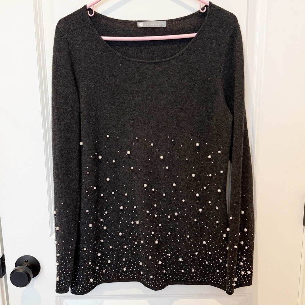 Womens Cashmere Beaded Sweater Medium Old Money Luxury Event Holiday Gray